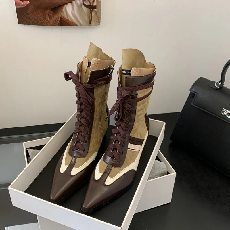 Black And White Boots Women Pointed Toe Lace Up Sports Style Wedges Shoe Fall Mid-calf Boots Comfort High Heels New Arrivals