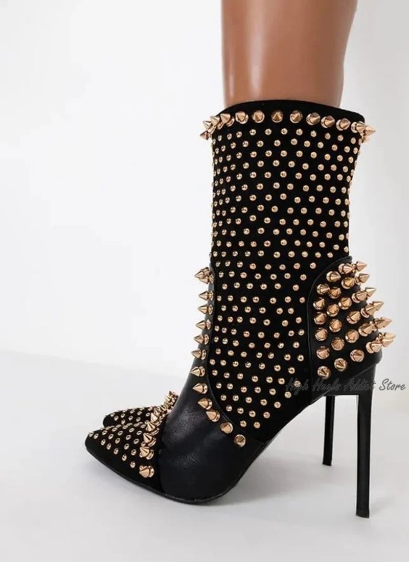 Black Studded Luxury Ankle Boots Women Sexy Full Stud High Heels Leather Sexy Booties Designer Dress Shoes
