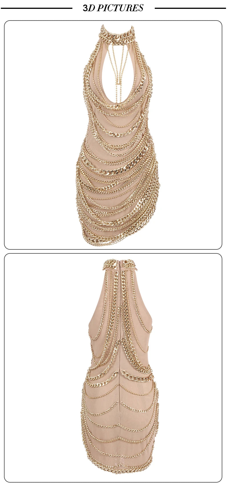 Glamorous Gold Metal Chain - Embellished Halter Mini Dress Side Splitt Club Nights luxury Dresses Vestidos