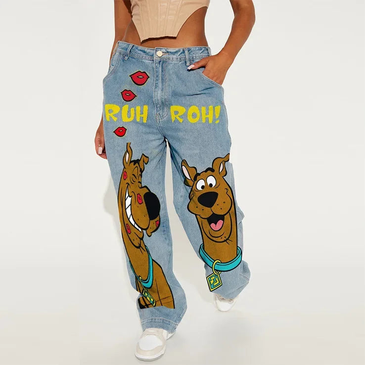 American Retro Fashion Women High Waist Cartoon Printed Jeans High Street Design Slim Casual Straight Wide-Leg Jeans