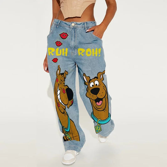 American Retro Fashion Women High Waist Cartoon Printed Jeans High Street Design Slim Casual Straight Wide-Leg Jeans