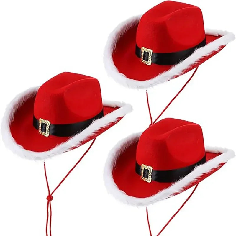 Fashion Santa Claus Party Christmas Luminous Cowboy Hat Western Red Felt Hats Wide Brim Cowgirl Hat Jazz Hat for Women Men