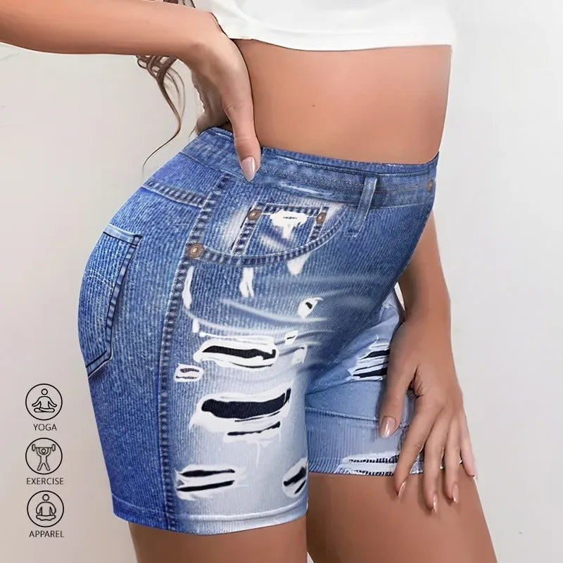 Girls Ripped Denim Shorts High Elasticity Hip Lifting Sports Shorts
