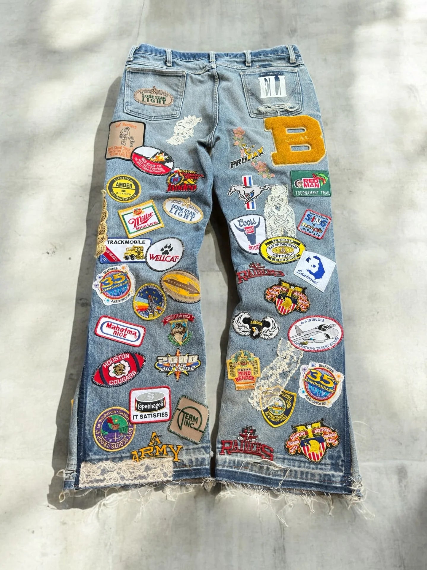 American Vintage Y2K Multi Patch Jeans Mens Womens Blue Distressed Bell Bottom Patch Embroidered Logo Pattern Baggy Trousers