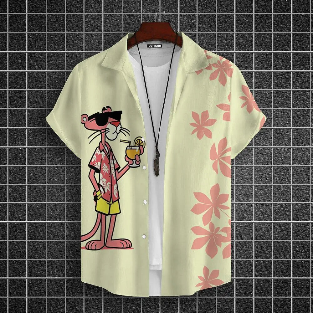 Men's  Cartoon leopard Graphic Print Short Sleeve Lapel Shirt Tops Men's Casual Button-Down Shirts For Summer Daily Wear Resort