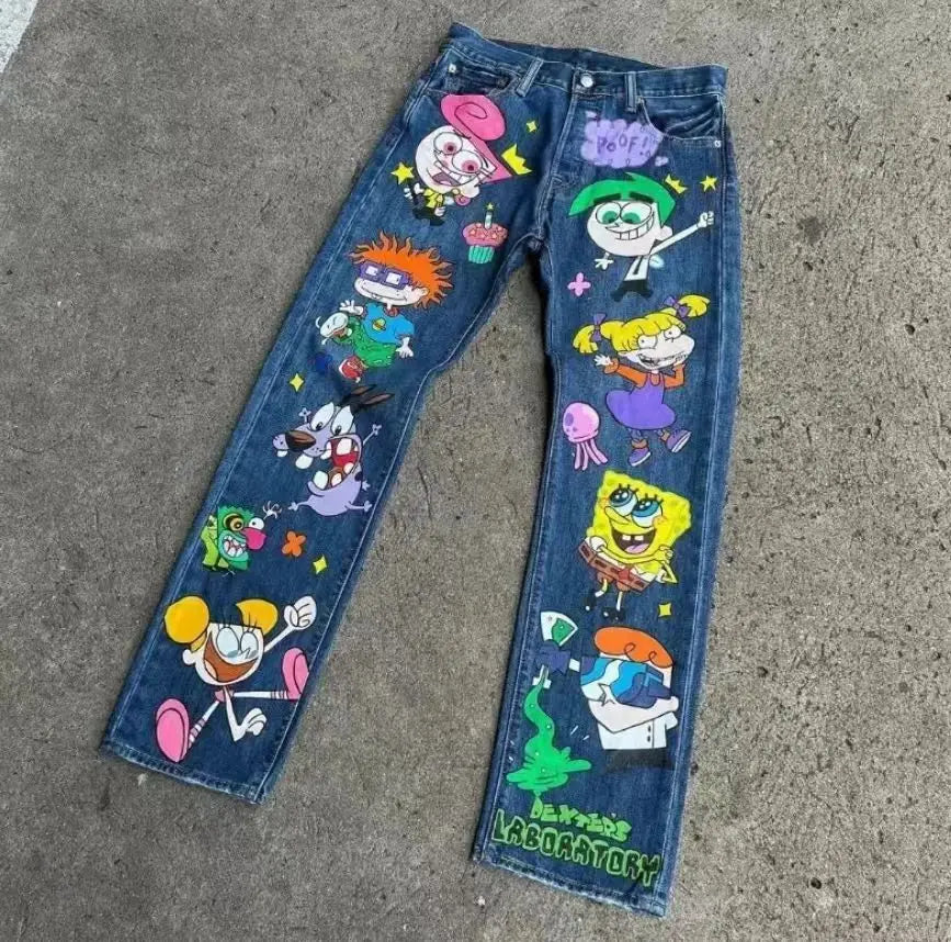 American cartoon pattern printed high street retro women's high waist fashionable straight loose jeans casual wide-leg jeans