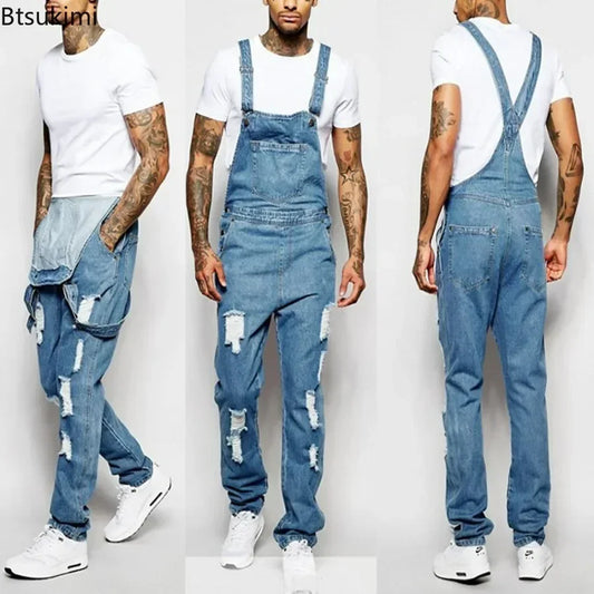 2026 Men's Ripped Denim Overalls Full Length Suspender Pants Homme Jeans High Street Jumpsuit Distressed Casual Trousers Male