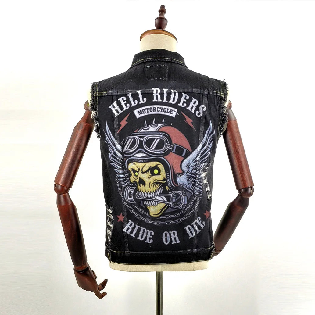 Men's retro fashion motorcycle sleeveless denim vest jacket high street