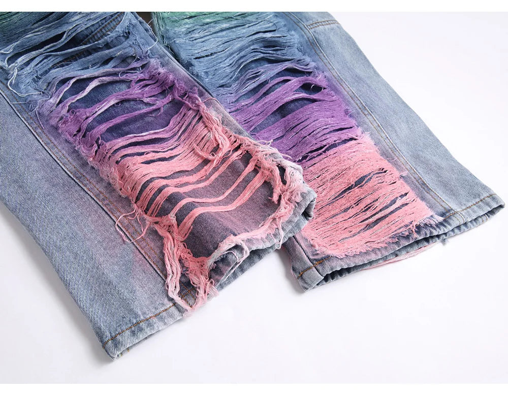 Men's colorful Ripped Graffiti Denim Pants Streetwear Loose Straight jeans