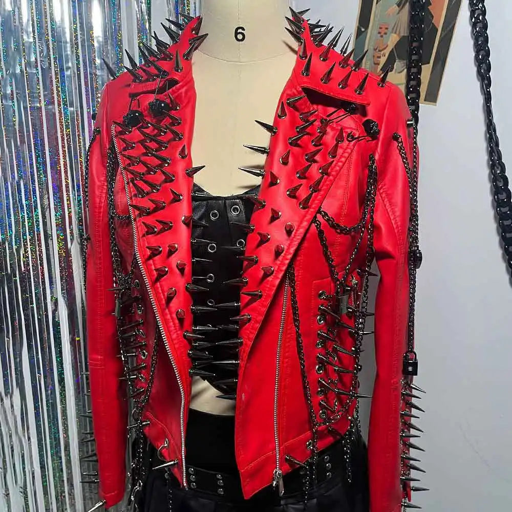 Punk Rock E-Girls Club Wear Harajuku Coat Goth Y2K Pu leather Jacket Zipper Spike Studded Rivet Grunge Chain Emo