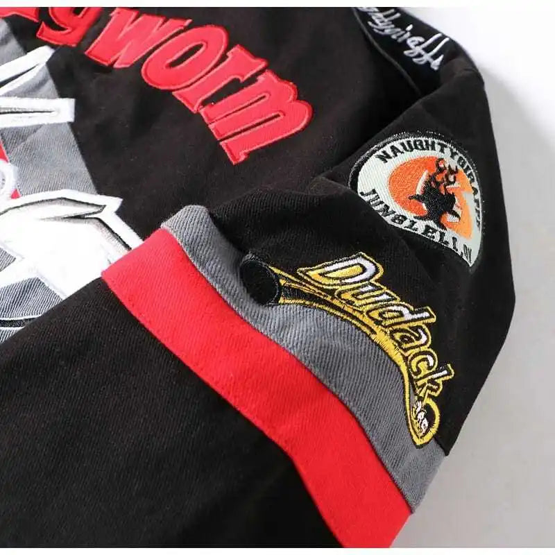 Men's High Street Embroidered Anime  Motorcycle Jacket Pure Cotton, Zipper, Stand Collar