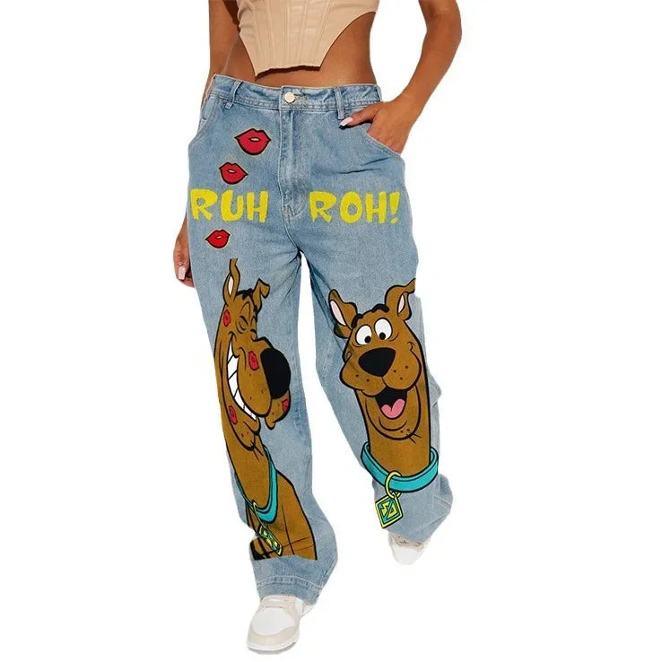 American Retro Fashion Women High Waist Cartoon Printed Jeans High Street Design Slim Casual Straight Wide-Leg Jeans