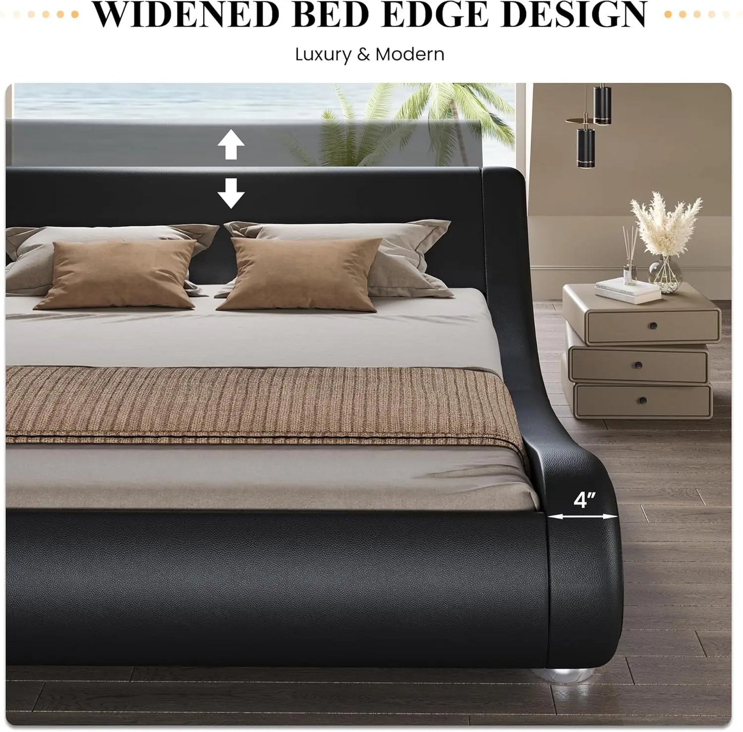 Bed Frame with Faux Leather Ergonomics Headboard, No Box Spring Needed & Easy Assembly