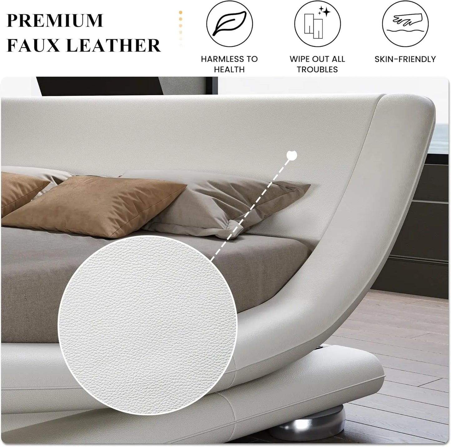 Bed Frame with Faux Leather Ergonomics Headboard, No Box Spring Needed & Easy Assembly