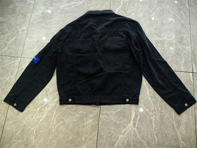 Men's Embroidered Denim Jacket Trendy Slim Fit w Badge Jeans Coat