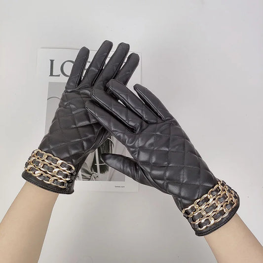 Women Black Chain Thickened Plush PU Leather Gloves