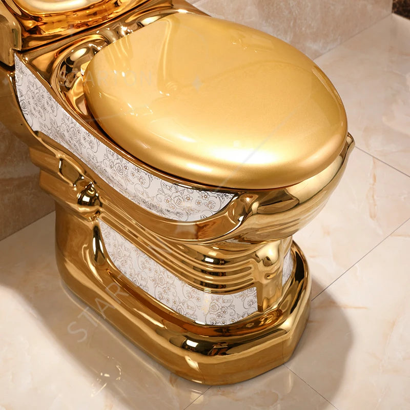 Royal Luxury Style Bathroom Ceramic Water Closet Floor Mounted Gold Color Wash Basin Pedestal Sink Two Piece Toilet Commode Set