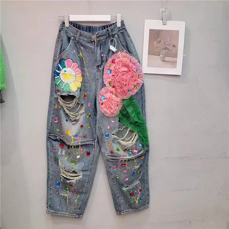 HKSH Spring Summer New Women Ins Chic High Street Three-dimensional Flower Diamonds Jeans Casual Elastic Waist Long Pants