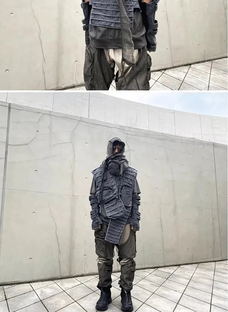 Pioneer Waste Soil Sand Dune Heavy Industry washed Asymmetric stereoscopic Bag Layered High Collar Vest coat