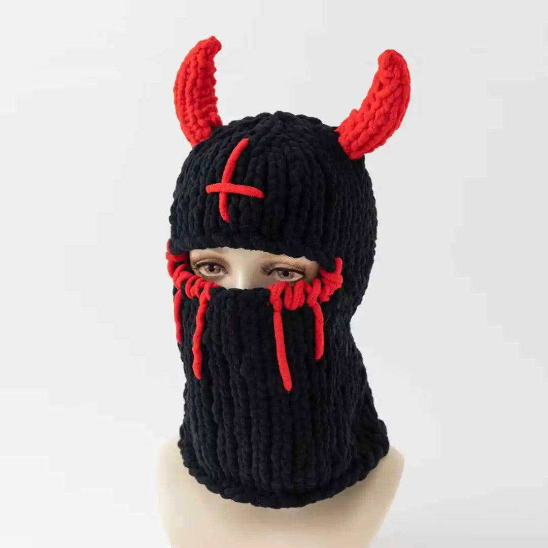 Little Devil Handmade Knitted Hat Thickened Warm Velvet Hat Face Mask Funny Ear Sweet Winter Trendy Hat