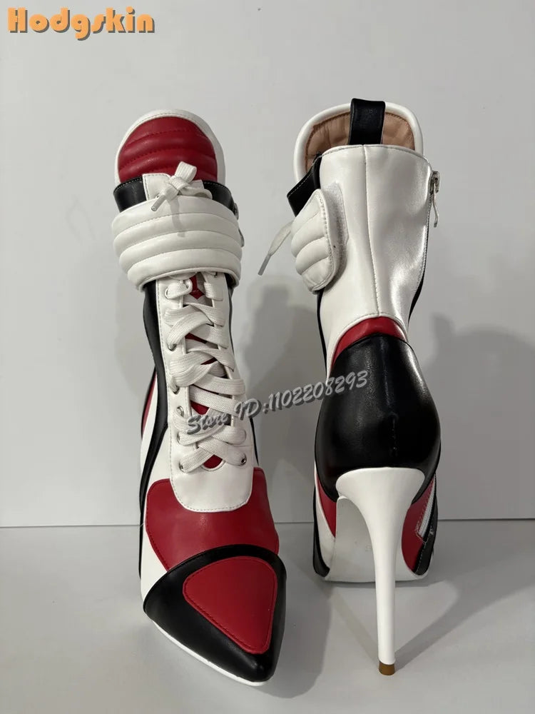 Patchwork Sports Ankle Boots Pointed Cross-tied High Heels Short Boots 2025 Autumn New Women Fashion Stiletto Motorcycle Shoes