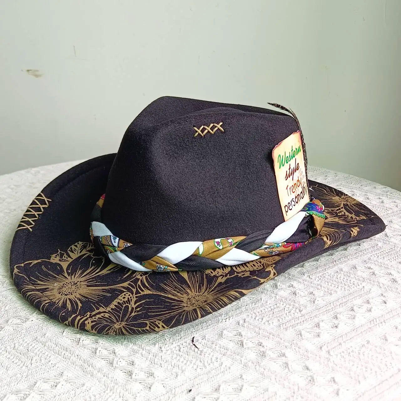 inted Fedora Western Cowboy Hat for Men and Women FloralPainted Jazz Hat Wide Brim Cowboy  Feather Accessories