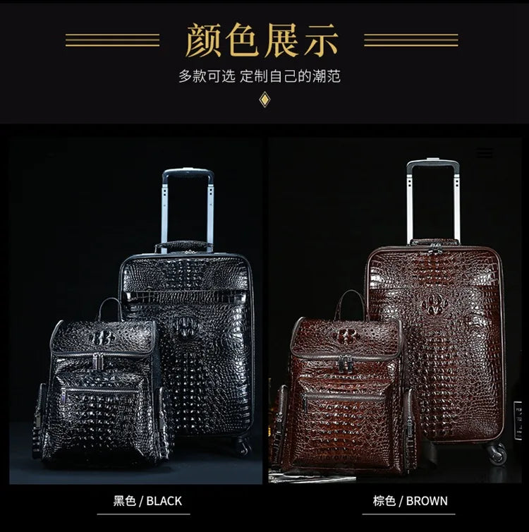 Genuine Leather crocodile pattern travel luggage with handbag backpack men's first layer cowhide trolley suitcase boarding case