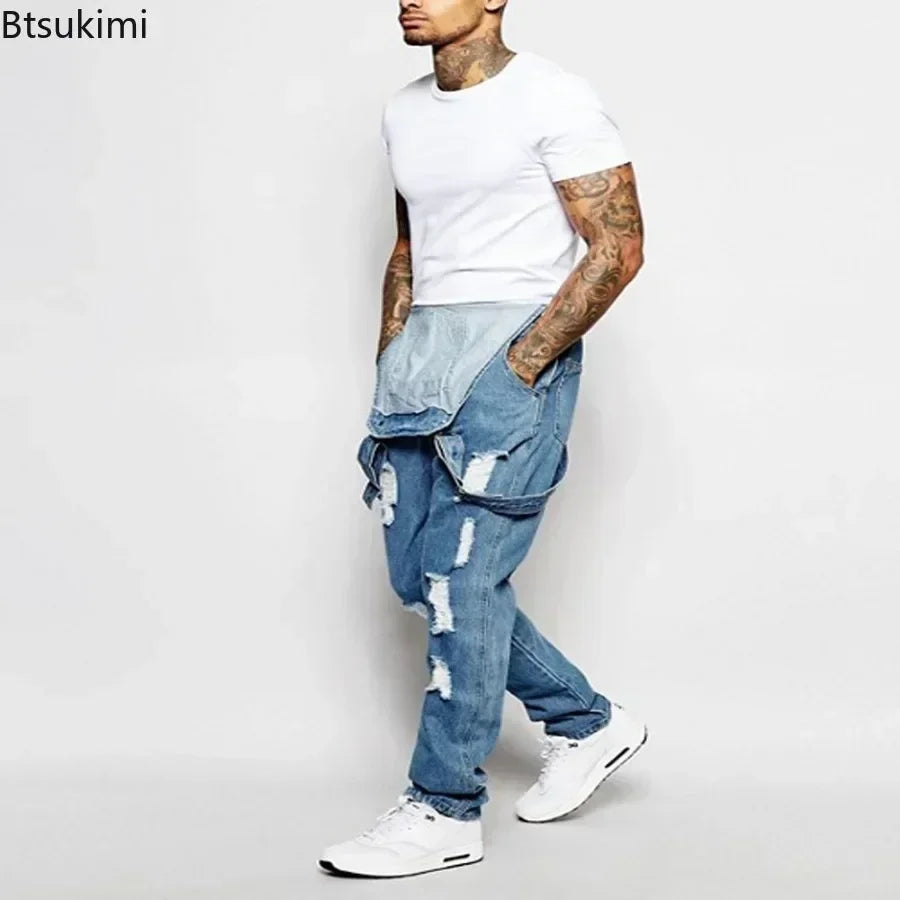 2026 Men's Ripped Denim Overalls Full Length Suspender Pants Homme Jeans High Street Jumpsuit Distressed Casual Trousers Male