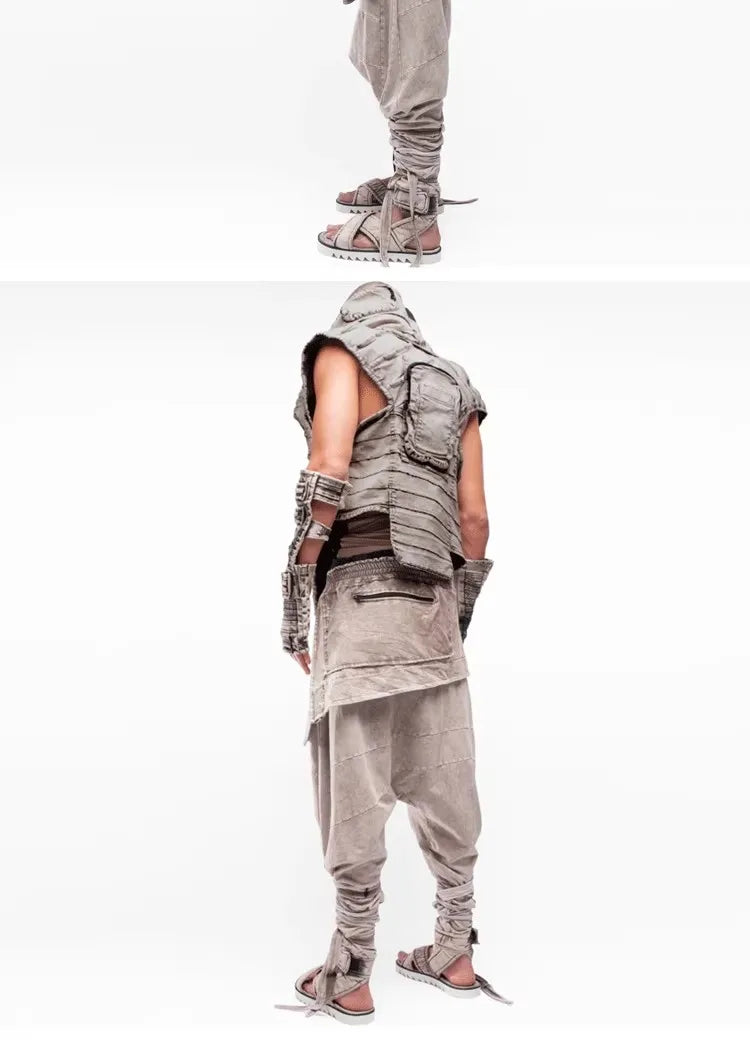 Pioneer Waste Soil Sand Dune Heavy Industry washed Asymmetric stereoscopic Bag Layered High Collar Vest coat