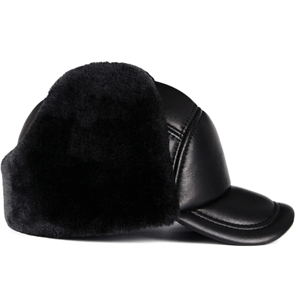 High Quality Genuine Leather Hats Winter First Layer Cowhide Warm Earmuffs Bomber Caps Plus Velvet Thicken Man Bone Caps Dad Hat