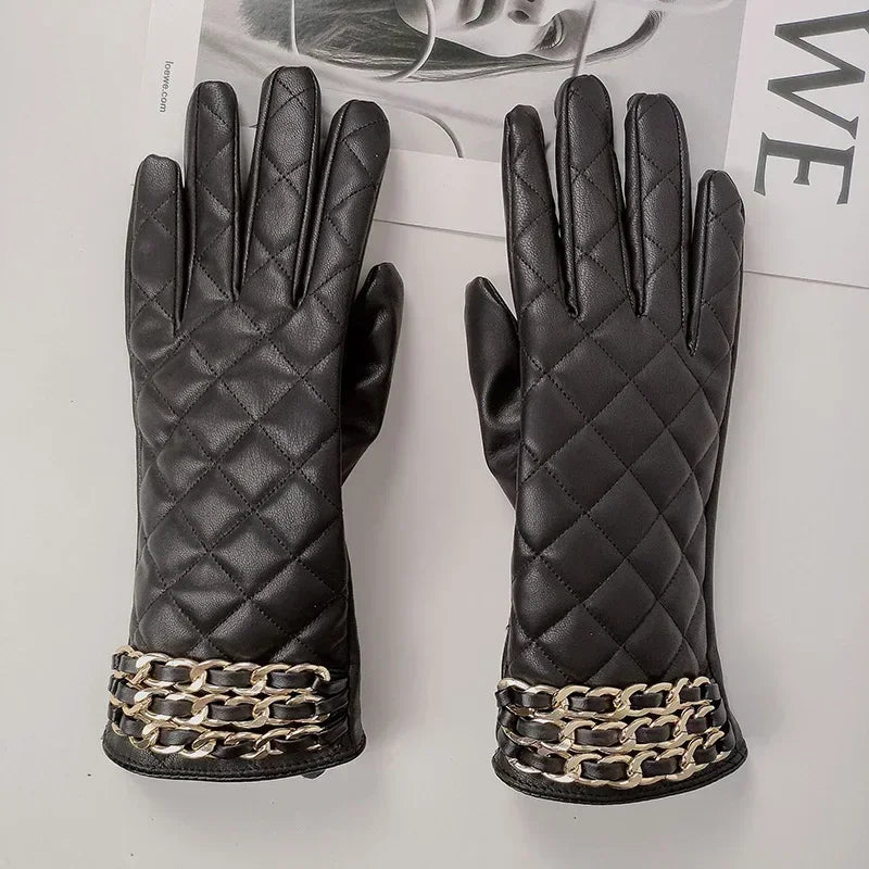 Women Black Chain Thickened Plush PU Leather Gloves