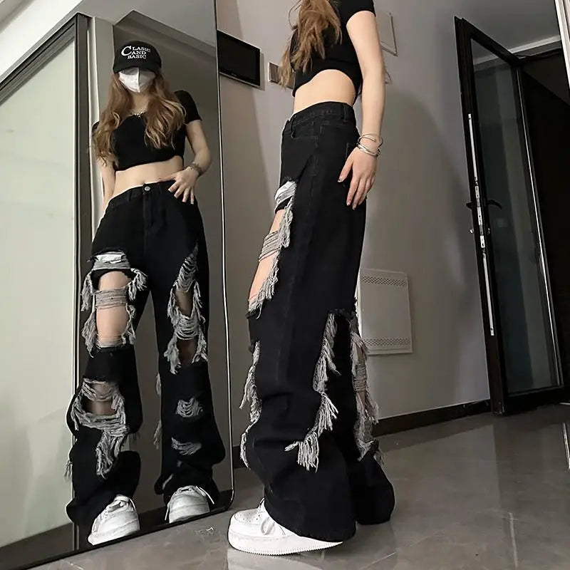 New Front-Rear  Broken Hole Jeans All-Match Distressed Women High Street Hip Hop High Waist Straight Loose Trousers