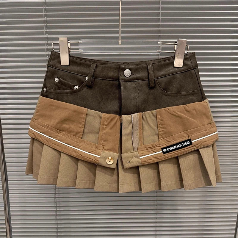 Autumn Winter New Niche Fashion Two-Piece Design Leather Patchwork Short Skirt For Women Pleated Skirts