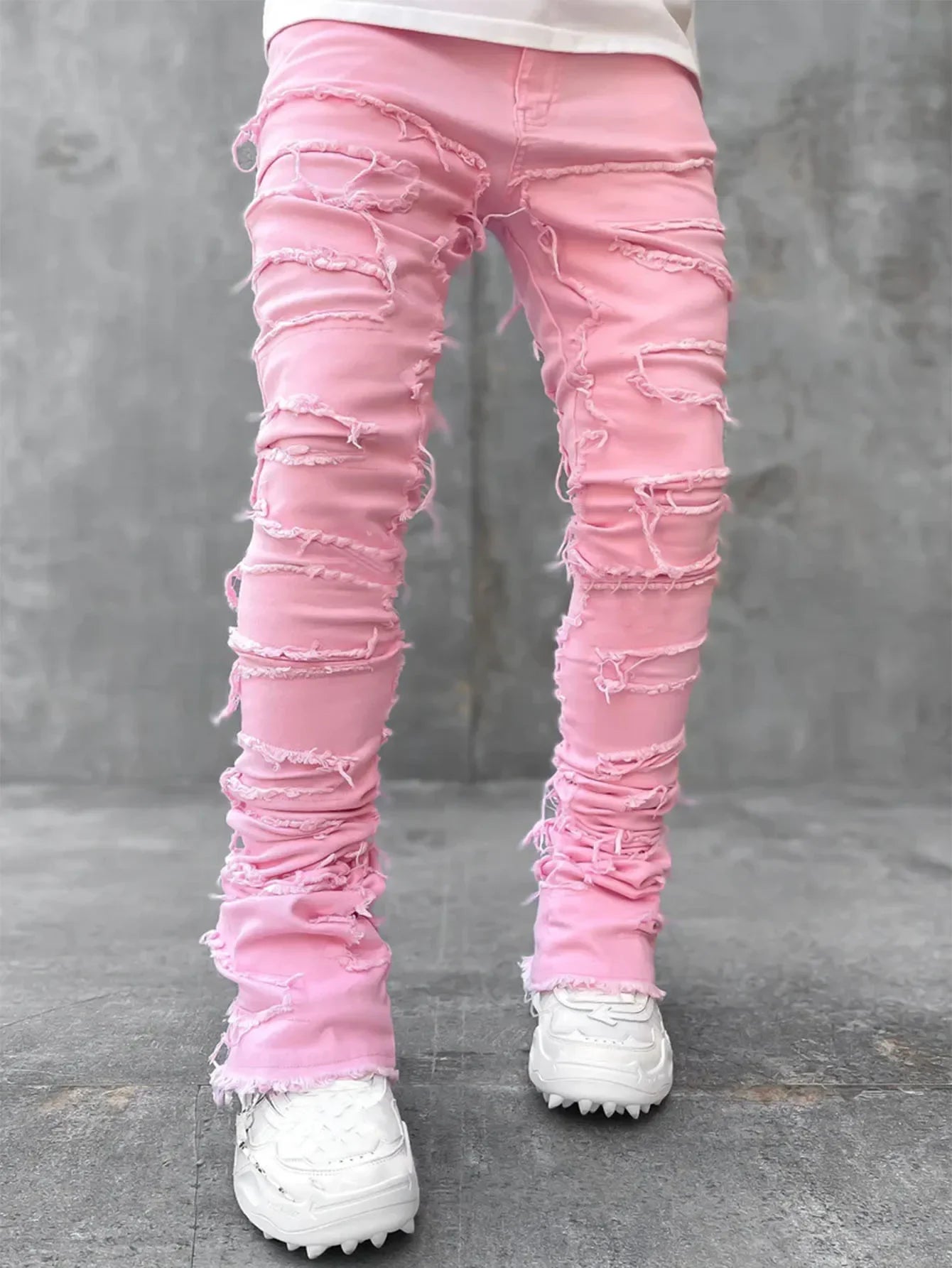 Men Ripped Stacked Jeans Distressed Slim Fit Skinny Straight Leg Jeans Fashion Hip Hop Denim Pants Casual Streetwear