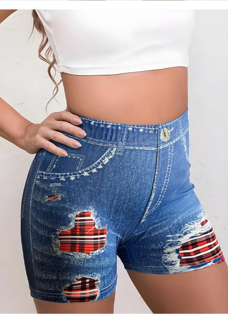 Girls Ripped Denim Shorts High Elasticity Hip Lifting Sports Shorts