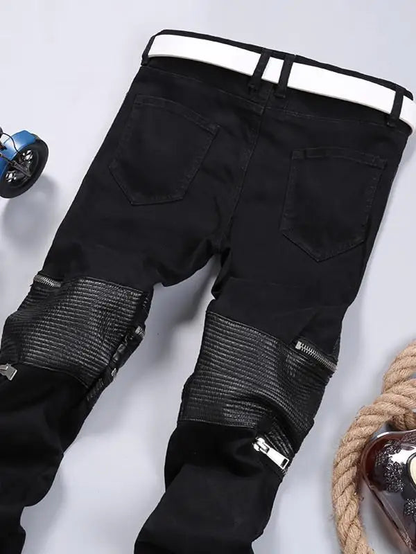 uxi Men's Slim Fit Elastic Leather Patchwork Jeans Breathable Multi-Zipper Casual Cotton Stretch Denim