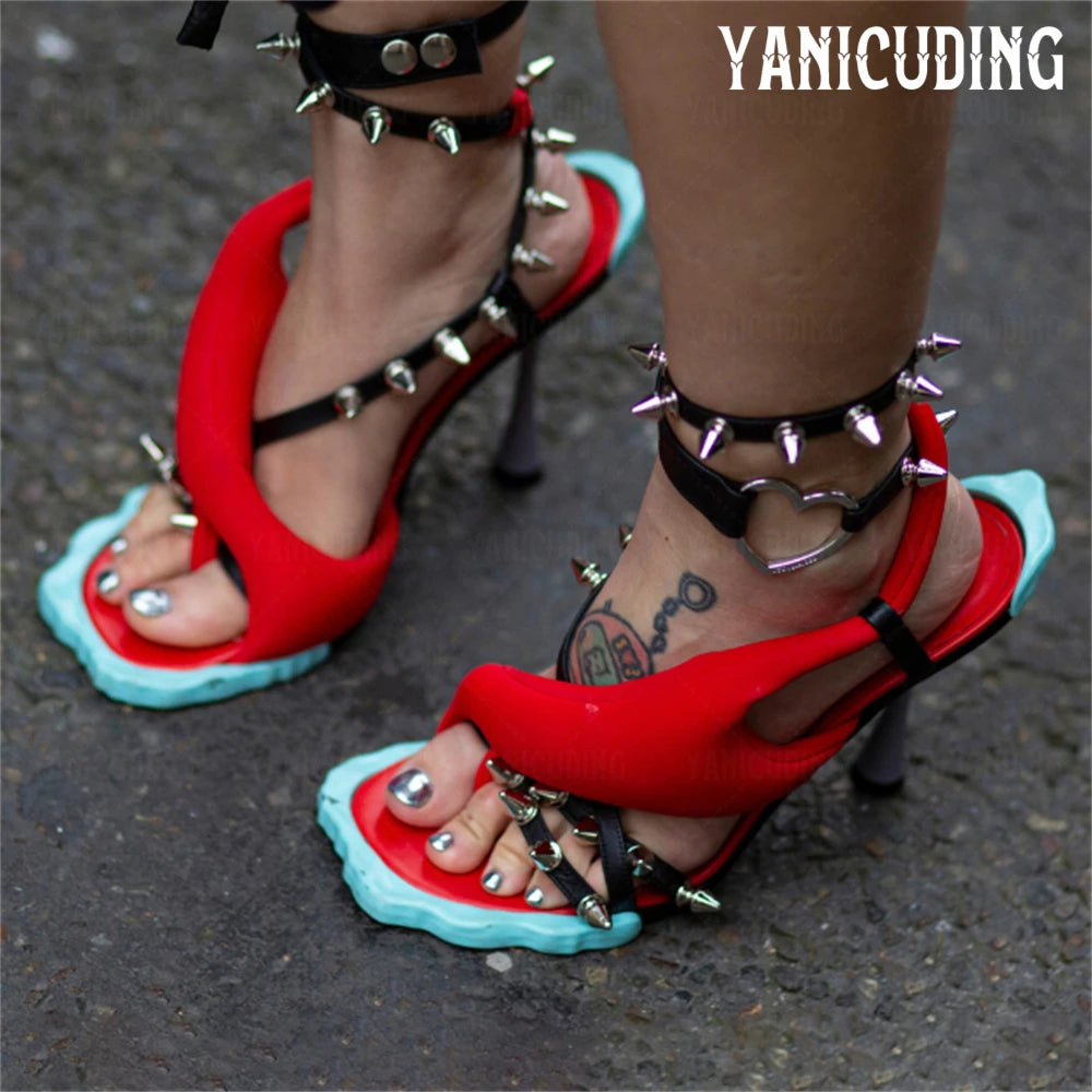 Stud Flower Sole Stiletto Sandals Novelty Open Toe Toe Post Buckle High Heels Ankle Straps All over Rivet Contrast Panel Sandals
