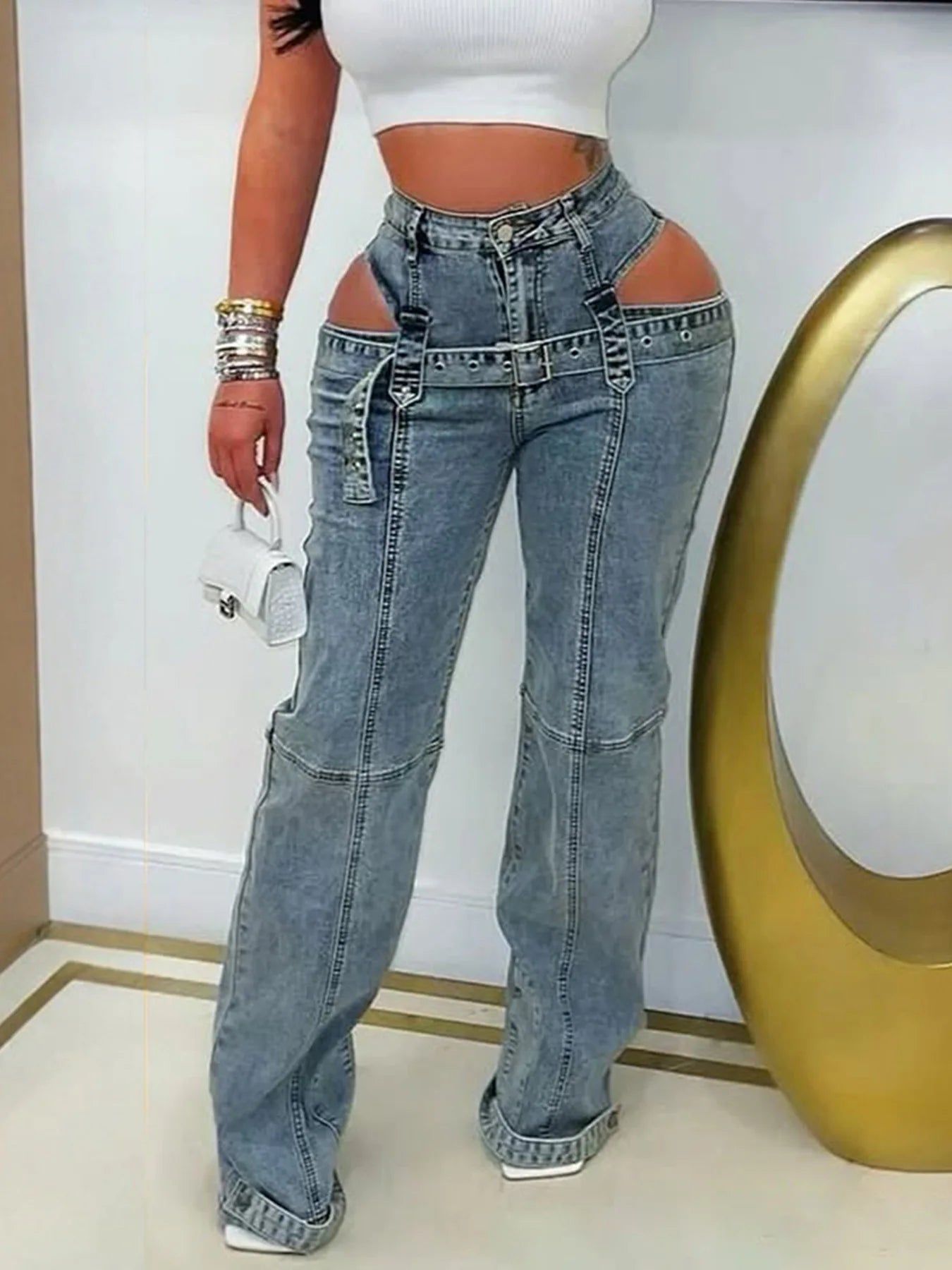 Sister star High Waistband Metal Rivets Casual Individual Street Style Commuting Versatile Pants