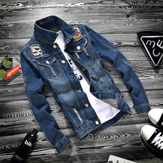 Luxury Mens Denim Jackets Fashion Hole Jeans Jacket Mens Cotton Outwear Jackets Coat Long Sleeve Male Clothing Size 3XL 50
