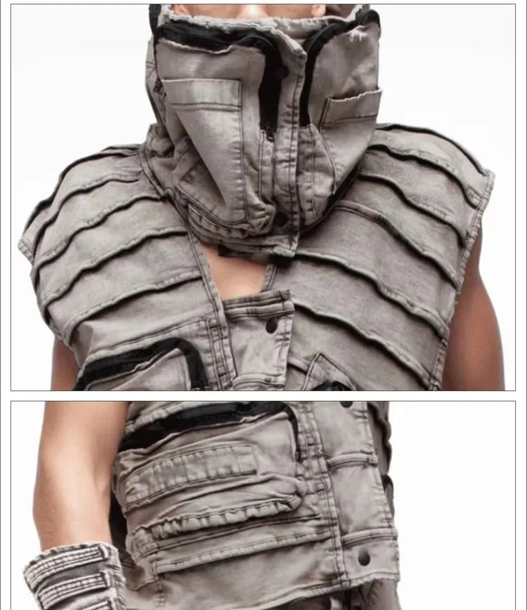 Pioneer Waste Soil Sand Dune Heavy Industry washed Asymmetric stereoscopic Bag Layered High Collar Vest coat