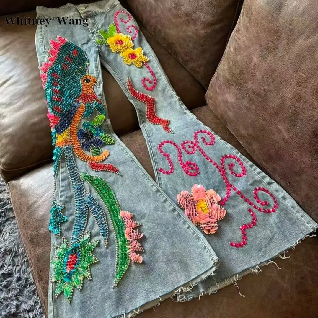 Designer Fashion Streetwear Handmade Sequins Beading Bird Big Flare Jeans Women Denim Pants