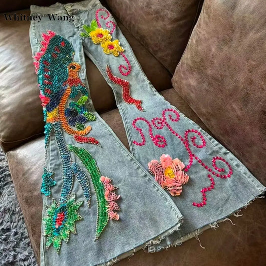 Designer Fashion Streetwear Handmade Sequins Beading Bird Big Flare Jeans Women Denim Pants