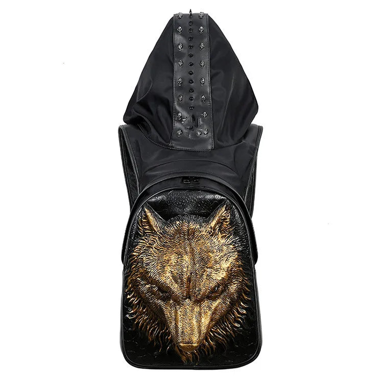 Unisex Waterproof Thicken Leather Backpack - 3D Rivet Embossed, Hooded Design, Spacious Laptop Rucksack for Daily & Travel