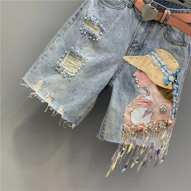 Denim Shorts Womens Heavy Industry Beauty Map Tassel Sequins Beads Broken Hole Five-point Denim Shorts Summer Y2K Straight Pants