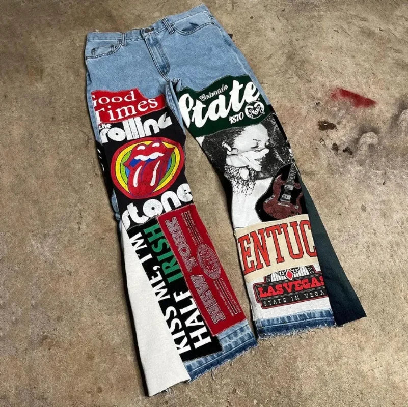 Hip-hop style high-waisted washed cartoon jeans oversized wide-legged pants men rock & women