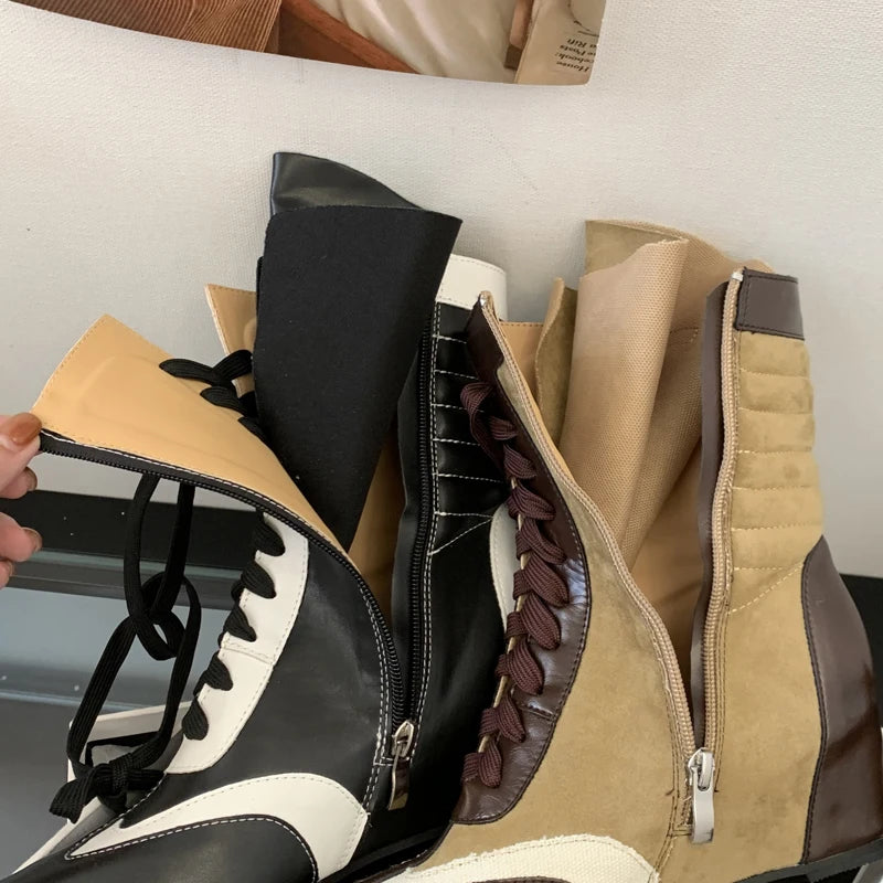 Black And White Boots Women Pointed Toe Lace Up Sports Style Wedges Shoe Fall Mid-calf Boots Comfort High Heels New Arrivals