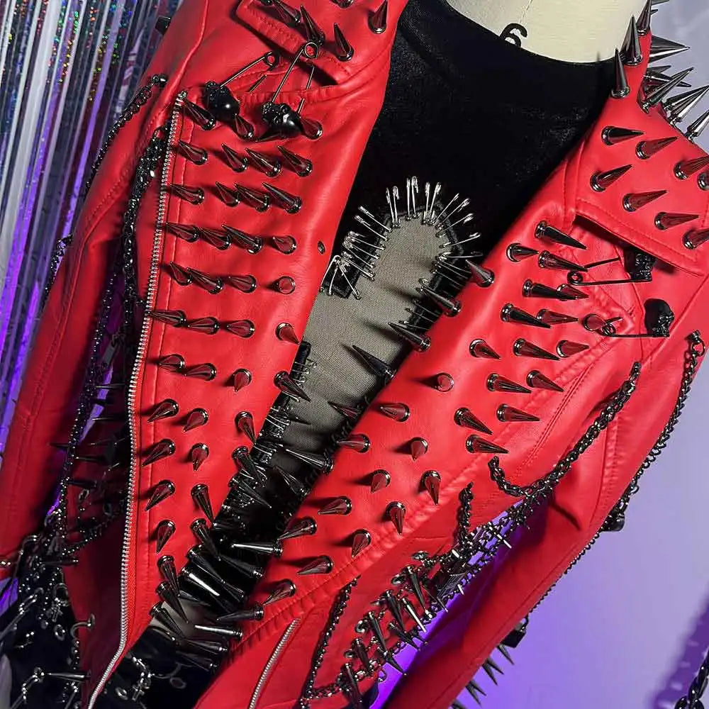 Punk Rock E-Girls Club Wear Harajuku Coat Goth Y2K Pu leather Jacket Zipper Spike Studded Rivet Grunge Chain Emo