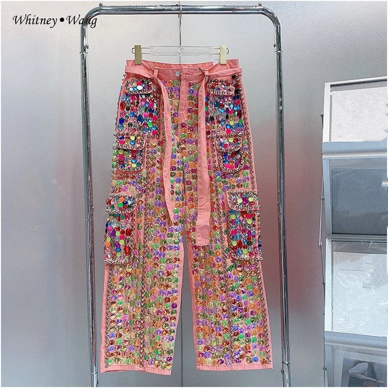 WHITNEY WANG Style  Spring Fashion Streetwear Handmade Crystals Beading Pockets Sahes Women Denim Pants jeans