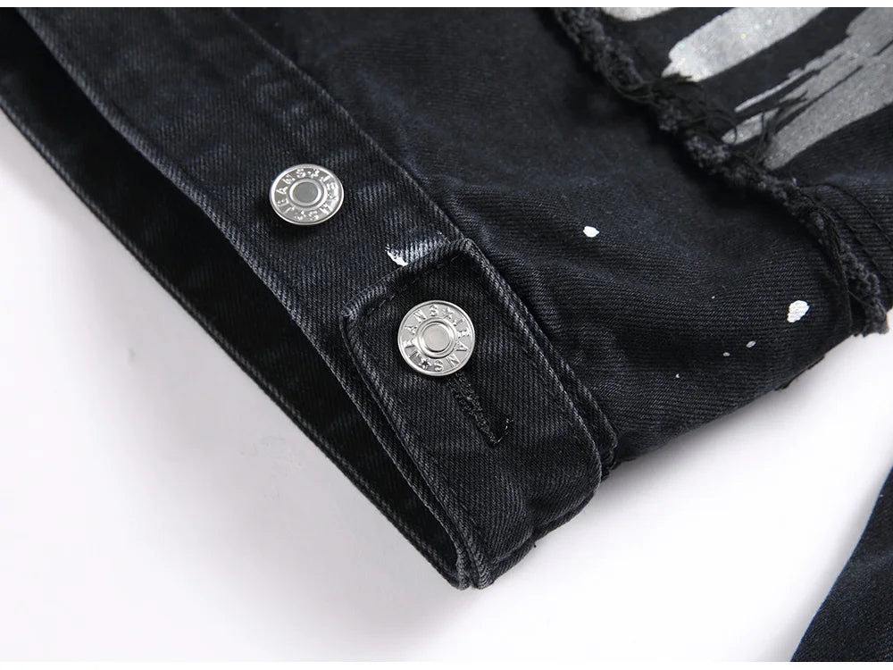 Denim Jacket Holes Ripped Plaid Patches Patchwork Jean Coat Painted Blue Black Spliced Outerwear