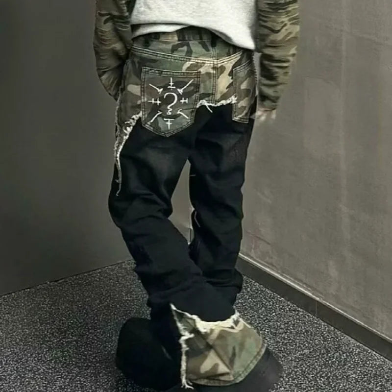 American Street Vintage Washed Camouflage Stitching Jeans Men And Women Y2K High Street Hip Hop Straight Baggy Slim Pants Tide